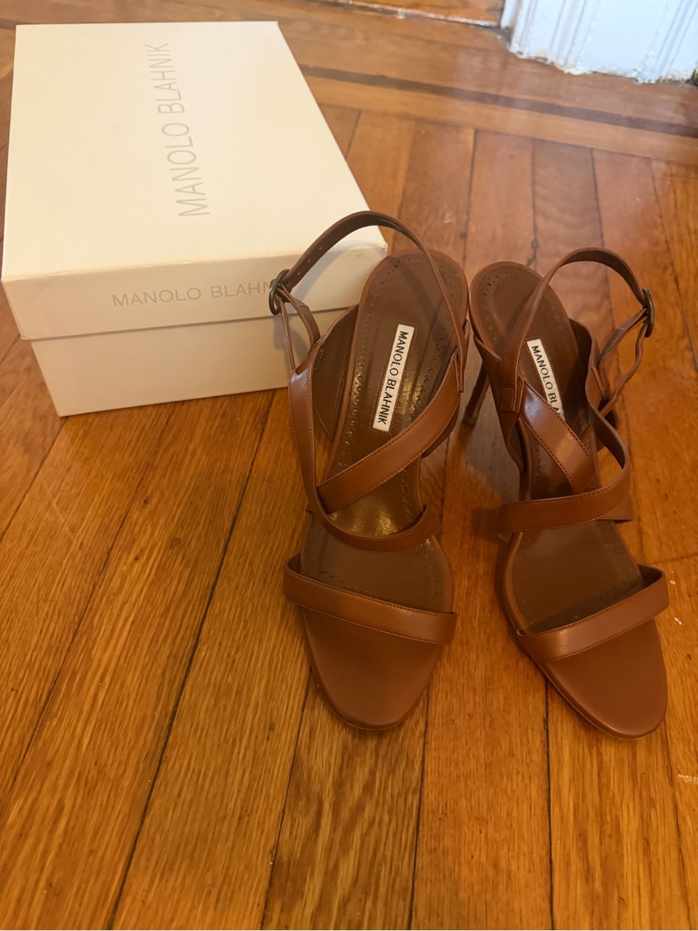 Manolo Blahnik Singanu Brown Leather Strappy Slingback Heels (Color Napa)